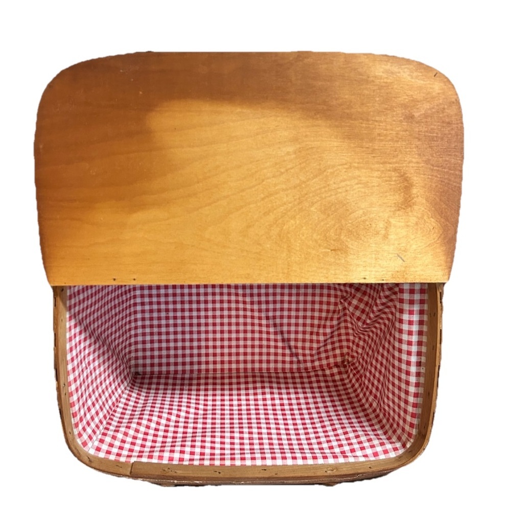 Vintage Picnic Basket Hinged Lid  Red White Gingham Lining Large 10” X 16” - Picture 4 of 9